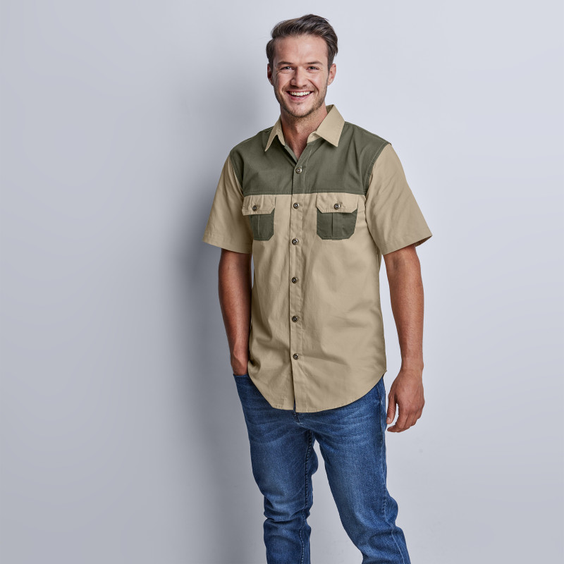 Mens Short Sleeve Serengeti 2-Tone Bush Shirt